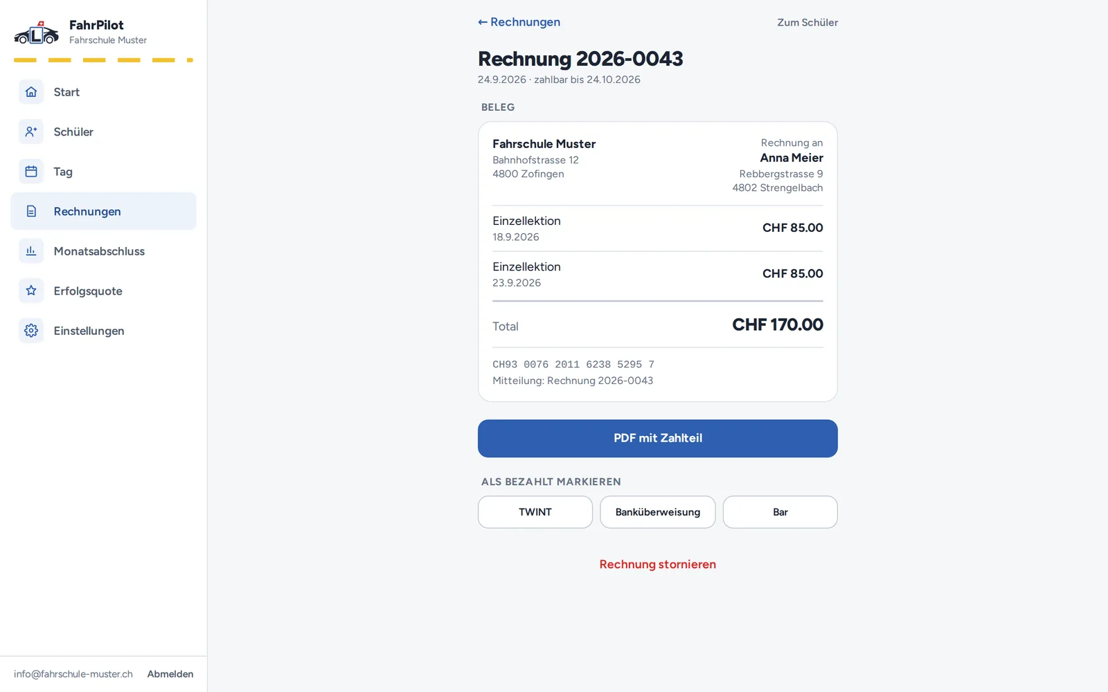 Rechnung mit Positionen und QR-Zahlteil