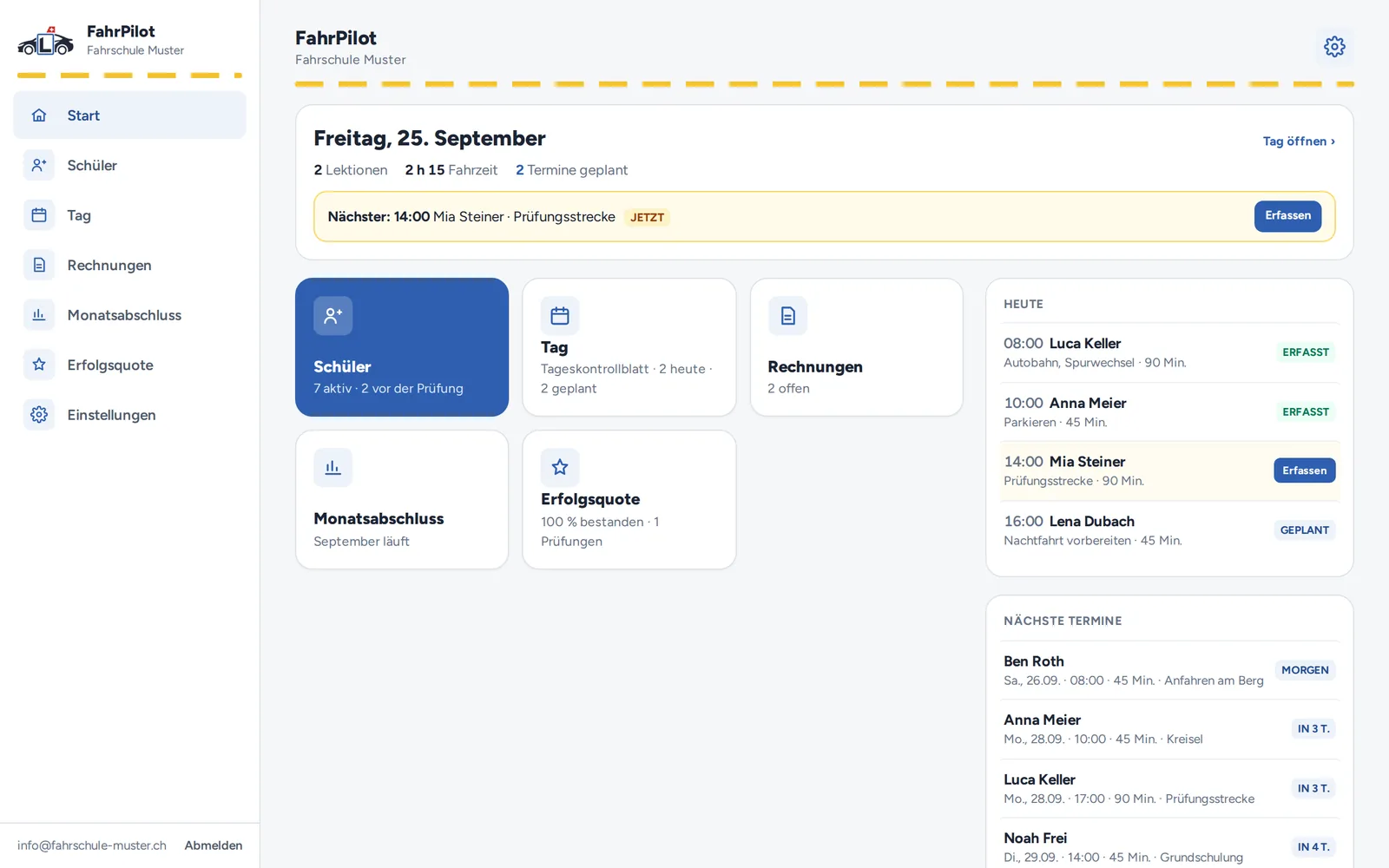 Startseite von FahrPilot am Computer mit dem heutigen Tag