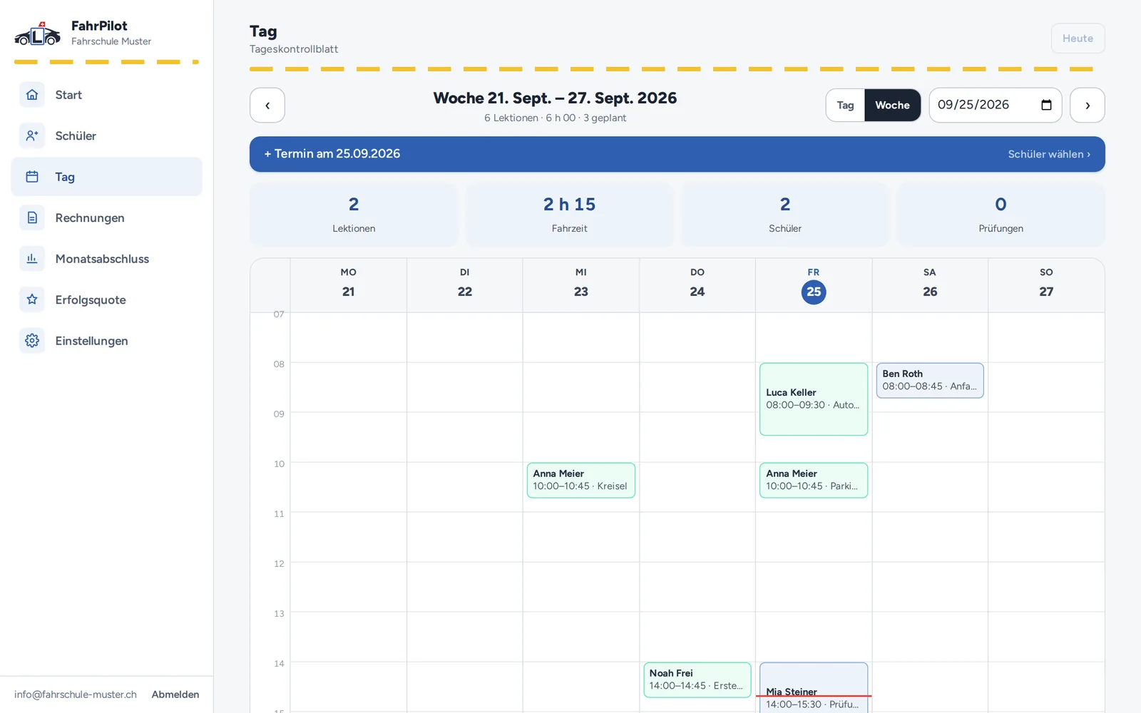 Wochenkalender mit gefahrenen und geplanten Terminen
