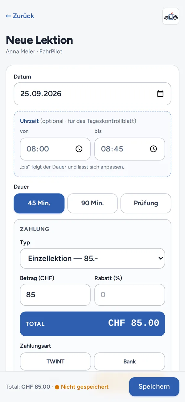 Neue Lektion auf dem Handy erfassen