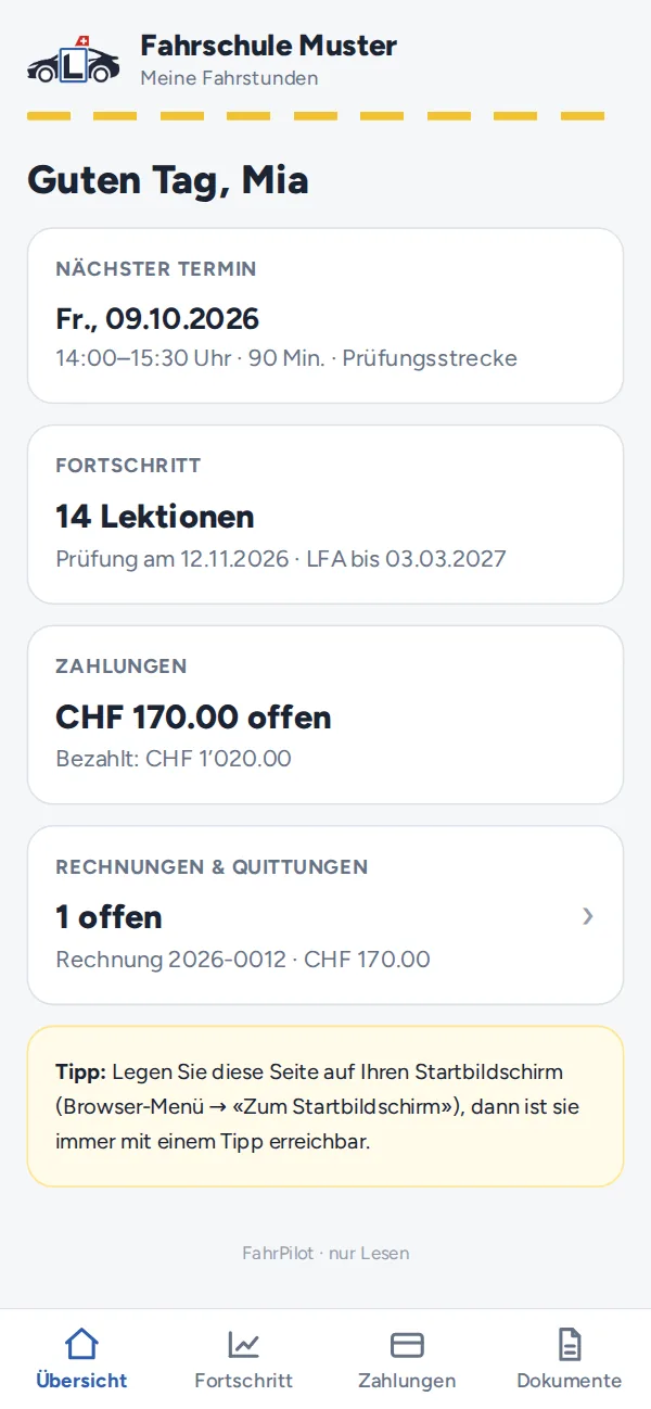 Persönliche Seite eines Schülers auf dem Handy mit nächstem Termin, Fortschritt, Zahlungen sowie Rechnungen und Quittungen