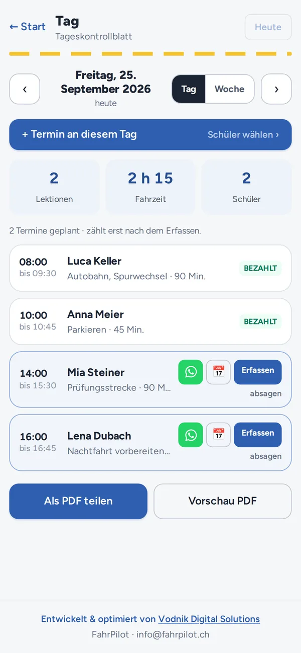 Tagesansicht auf dem Handy mit WhatsApp-Knopf pro Termin